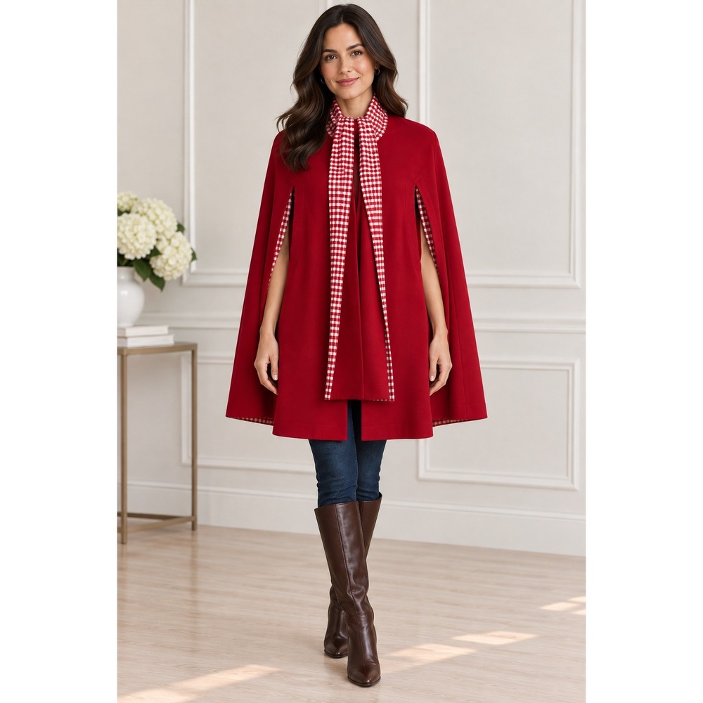 Vintage Reversible Cape Women OS Red Gingham Check Zipper Front Mod Cottagecore